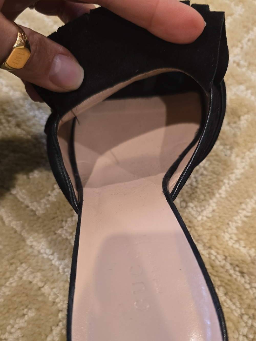 Gucci Black Suede Fringe Mules with Gold Double G, Size 38 - Picture 12 of 12